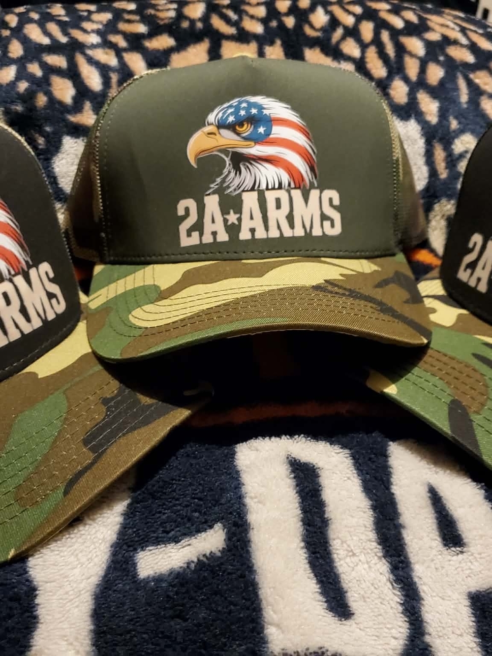 2A ARMS Trucker Hat with American Eagle and Camo Bill